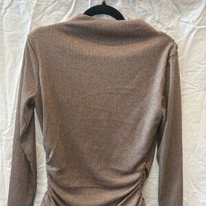 Aqua Neutral Taupe Ribbed Cowl Neck Long Sleeve Top
